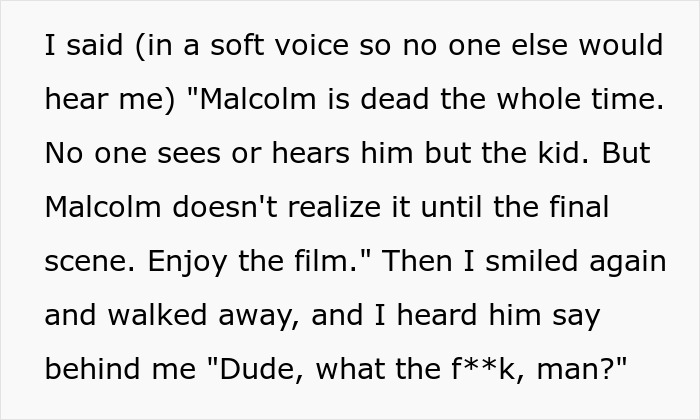 Moviegoer spoiler text reveals plot twist as retaliation for cutting in line. Moviegoer spoiler text reveals plot twist as retaliation for cutting in line.