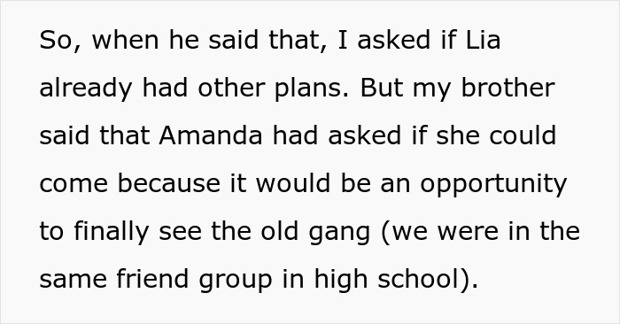 Text detailing a brother's choice of his +1 at a wedding, choosing his female BFF over his long-term girlfriend. Text detailing a brother's choice of his +1 at a wedding, choosing his female BFF over his long-term girlfriend.