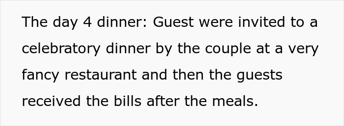 Text describing a couple's wedding dinner at a fancy restaurant where guests received bills. Text describing a couple's wedding dinner at a fancy restaurant where guests received bills.