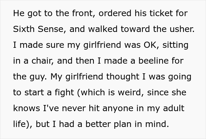 Text on image reveals a moviegoer planning a non-violent response to someone cutting the line for a Sixth Sense ticket. Text on image reveals a moviegoer planning a non-violent response to someone cutting the line for a Sixth Sense ticket.