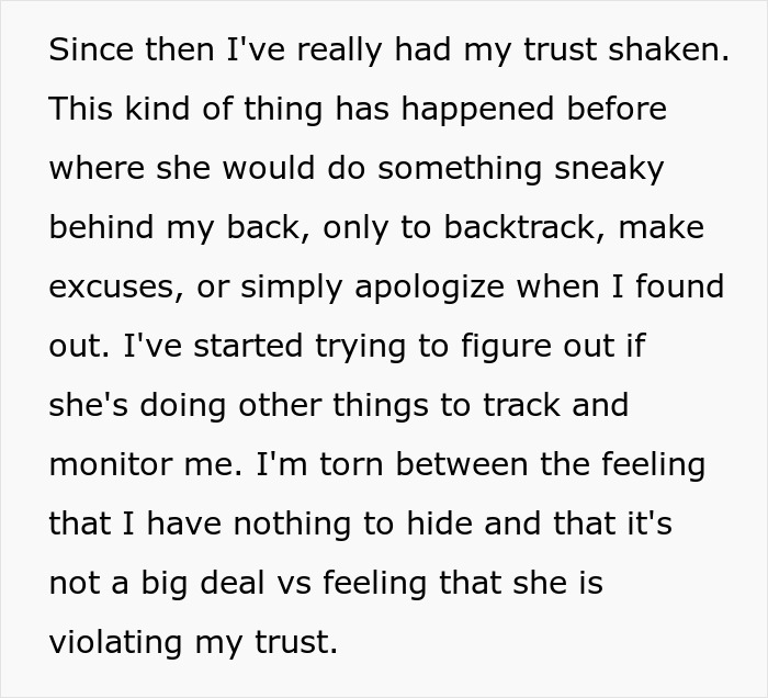 A text passage discussing trust issues and secret monitoring of spending and phone activities. A text passage discussing trust issues and secret monitoring of spending and phone activities.