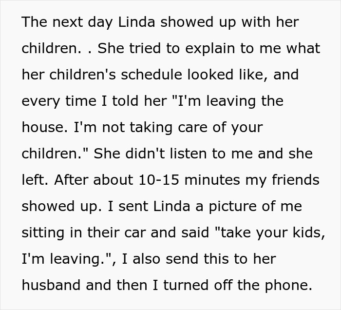 Text excerpt about a woman refusing to babysit her sister's kids and contacting her to pick them up. Text excerpt about a woman refusing to babysit her sister's kids and contacting her to pick them up.