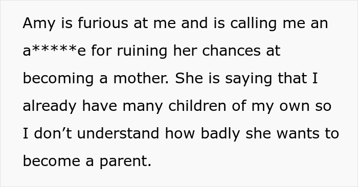 Text from a sibling upset about adoption affecting her fertility journey. Text from a sibling upset about adoption affecting her fertility journey.