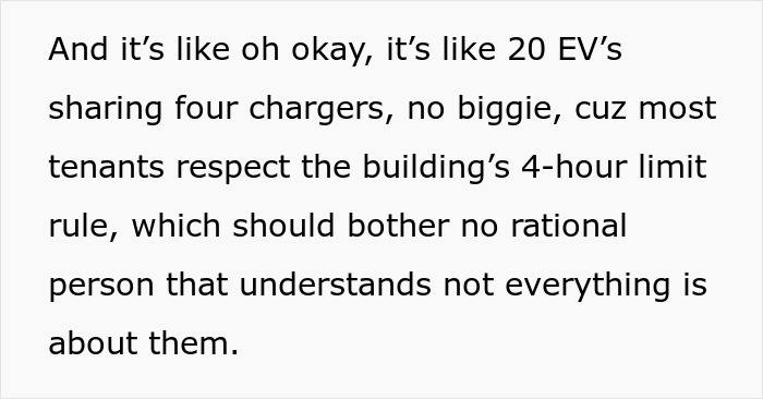 Text image discussing EV drivers sharing limited chargers and respecting rules. Text image discussing EV drivers sharing limited chargers and respecting rules.