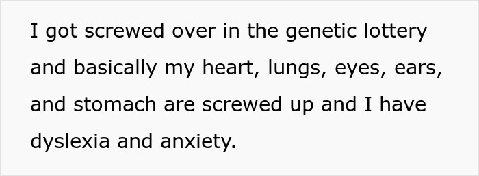 Image of text describing personal health challenges with heart, lungs, eyes, ears, and anxiety. Image of text describing personal health challenges with heart, lungs, eyes, ears, and anxiety.