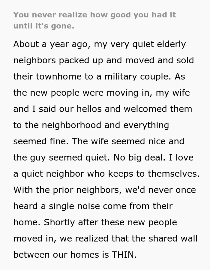 Text detailing disruption after noisy neighbors move in, affecting family’s peace; highlights thin walls between residences. Text detailing disruption after noisy neighbors move in, affecting family’s peace; highlights thin walls between residences.