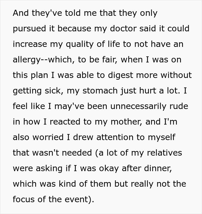 Text discussing parents' actions related to allergy management and embarrassment in a public setting. Text discussing parents' actions related to allergy management and embarrassment in a public setting.