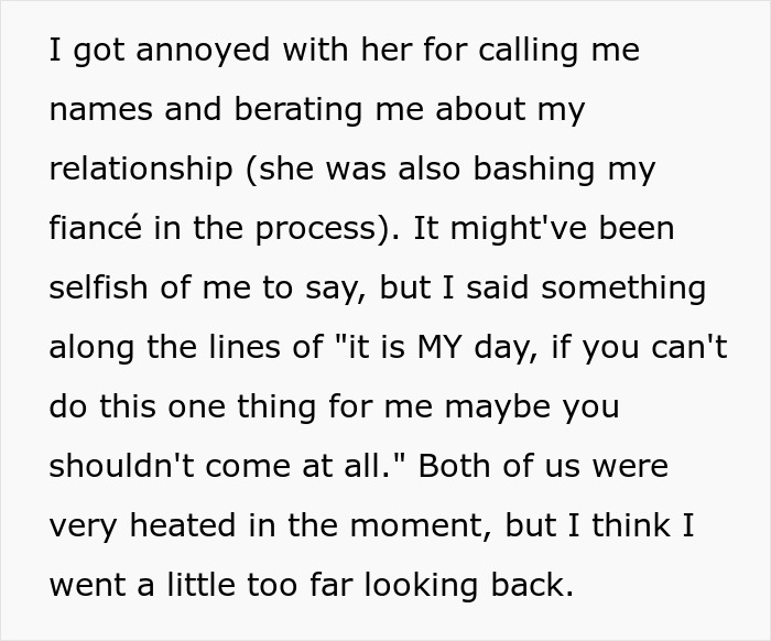 Text discussing a bride's request to her grandmother not to wear white to the wedding, mentioning the word "selfish. Text discussing a bride's request to her grandmother not to wear white to the wedding, mentioning the word "selfish.