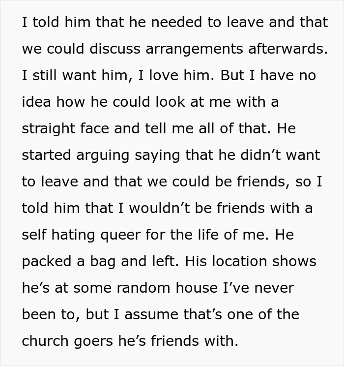 Text exchange about a man's realization and ending of his gay marriage due to his church's influence. Text exchange about a man's realization and ending of his gay marriage due to his church's influence.