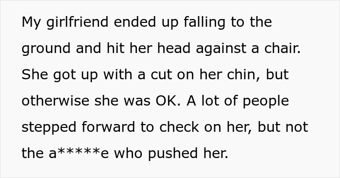 Text describing a moviegoer ignoring an injured person after a fall. Text describing a moviegoer ignoring an injured person after a fall.