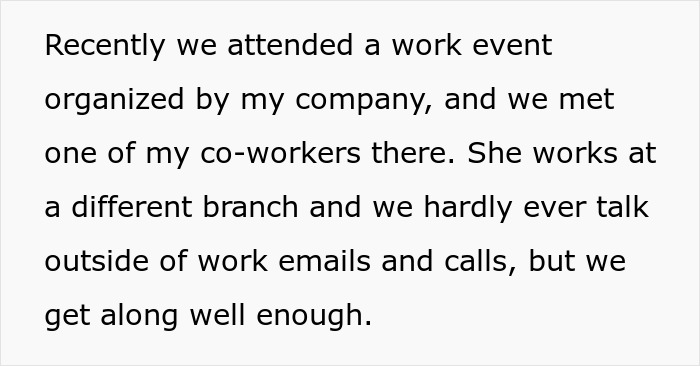 Text screenshot about attending a work event and meeting a co-worker from a different branch. Text screenshot about attending a work event and meeting a co-worker from a different branch.
