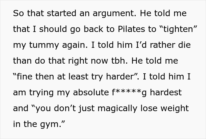 Text excerpt about a husband urging his wife to go to the gym to "tighten" her tummy after childbirth. Text excerpt about a husband urging his wife to go to the gym to "tighten" her tummy after childbirth.