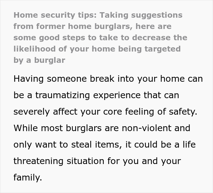Tips from ex-burglars on home security to reduce burglary risks, highlighting the emotional impact of break-ins. Tips from ex-burglars on home security to reduce burglary risks, highlighting the emotional impact of break-ins.