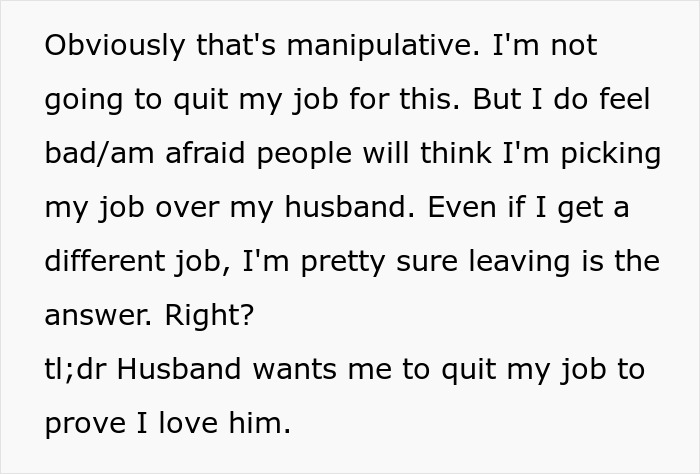 Reddit post discussing ultimatum from husband about quitting job or facing divorce. Reddit post discussing ultimatum from husband about quitting job or facing divorce.