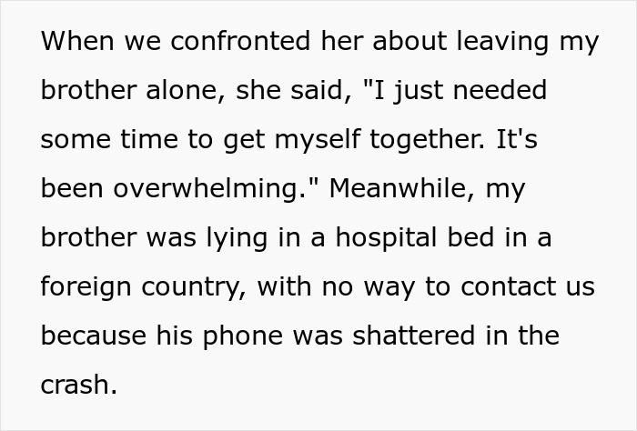 Text discussing brother's situation after being left alone in a hospital abroad, unable to contact anyone after the crash. Text discussing brother's situation after being left alone in a hospital abroad, unable to contact anyone after the crash.