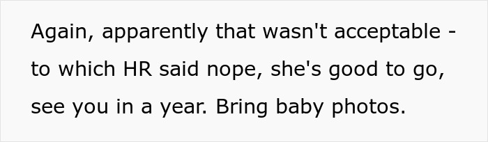 Text exchange about HR decision on PTO request, mentioning baby photos. Text exchange about HR decision on PTO request, mentioning baby photos.