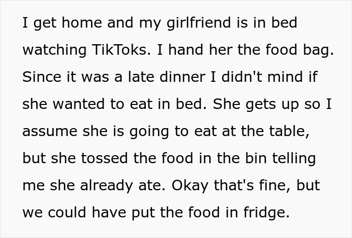 Text about a girlfriend discarding food from a partner, relating to sleeping arrangements on the couch. Text about a girlfriend discarding food from a partner, relating to sleeping arrangements on the couch.