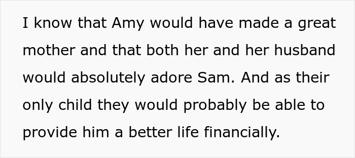 Text discussing adoption decision and fertility struggles, mentioning financial stability for the child. Text discussing adoption decision and fertility struggles, mentioning financial stability for the child.