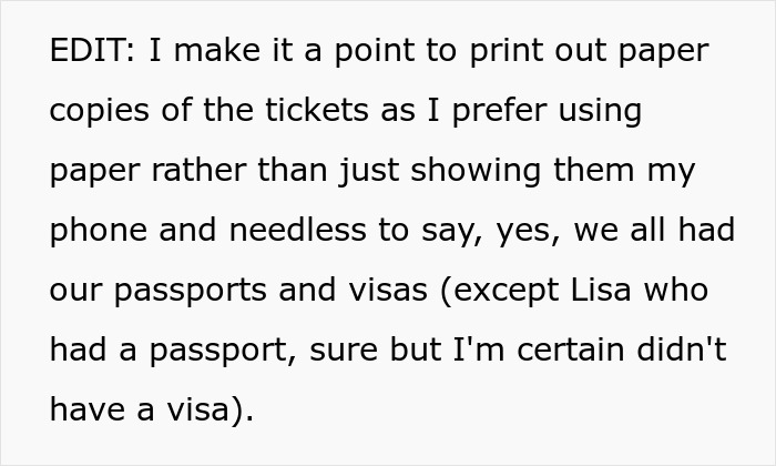 Text discussing travel preparation, highlighting a preference for paper tickets and the absence of a visa for one member. Text discussing travel preparation, highlighting a preference for paper tickets and the absence of a visa for one member.