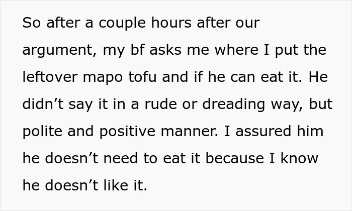 Text about a boyfriend asking about leftover mapo tofu after an argument, with a polite and positive manner in cooking context. Text about a boyfriend asking about leftover mapo tofu after an argument, with a polite and positive manner in cooking context.