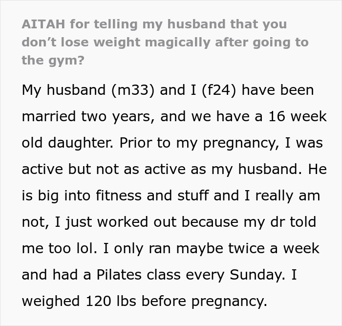 Text dialogue between husband and wife about postpartum gym expectations. Text dialogue between husband and wife about postpartum gym expectations.