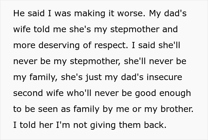 Text conversation about family drama, discussing respect and stepmother relationships after taking late mom's items from trash. Text conversation about family drama, discussing respect and stepmother relationships after taking late mom's items from trash.
