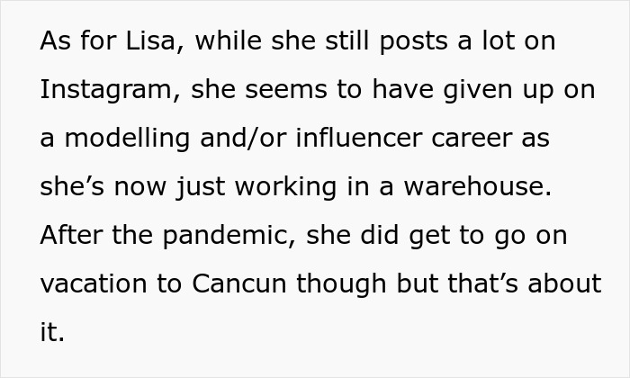 Text about Lisa's shift from influencer career to warehouse work, mentions Instagram activity, Cancun vacation post-pandemic. Text about Lisa's shift from influencer career to warehouse work, mentions Instagram activity, Cancun vacation post-pandemic.