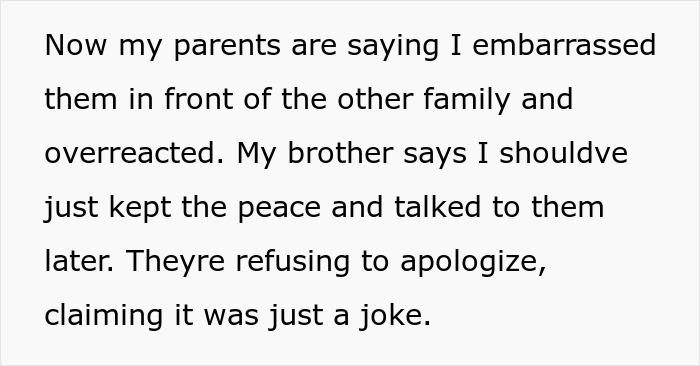 Text on a white background discussing parents refusing to apologize, claiming their comments were just a joke. Text on a white background discussing parents refusing to apologize, claiming their comments were just a joke.