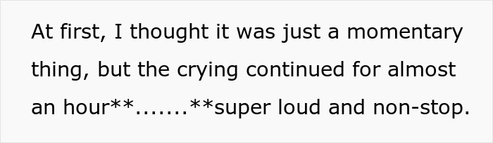 Text about a baby's crying continuing for almost an hour at a friend's birthday. Text about a baby's crying continuing for almost an hour at a friend's birthday.