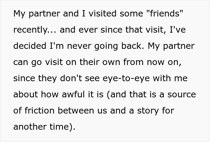 Text excerpt discussing a visit to friends' home with sticky floors and screaming kids. Text excerpt discussing a visit to friends' home with sticky floors and screaming kids.