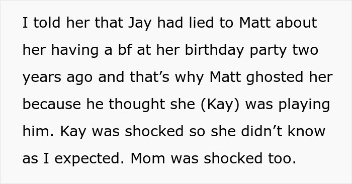 Text conversation revealing a lie about a sister's boyfriend causing shock. Text conversation revealing a lie about a sister's boyfriend causing shock.