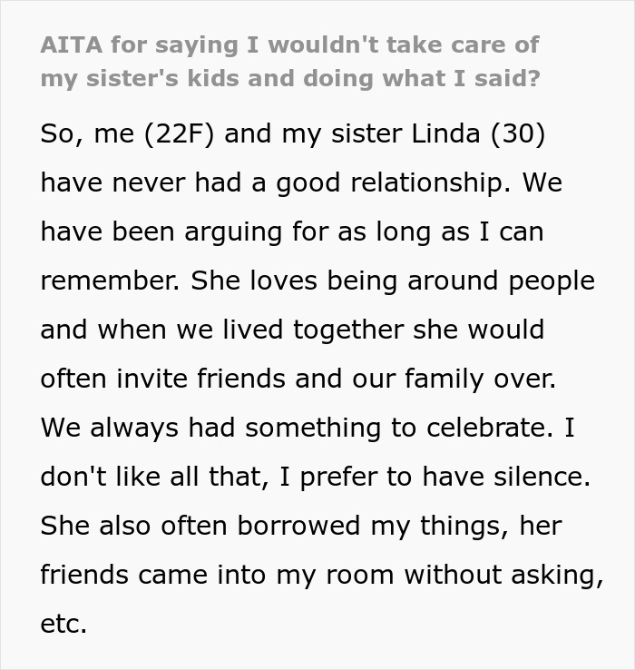 Text discussing a woman's conflict with her sister over refusing to babysit her kids, leading to a harsh reality check. Text discussing a woman's conflict with her sister over refusing to babysit her kids, leading to a harsh reality check.