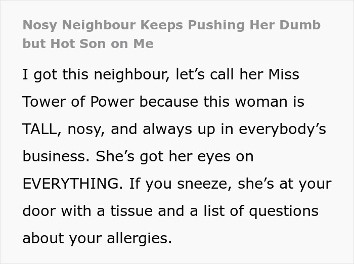 Nosy neighbor tries to set up her son, described as handsome but not smart, with someone in their community. Nosy neighbor tries to set up her son, described as handsome but not smart, with someone in their community.