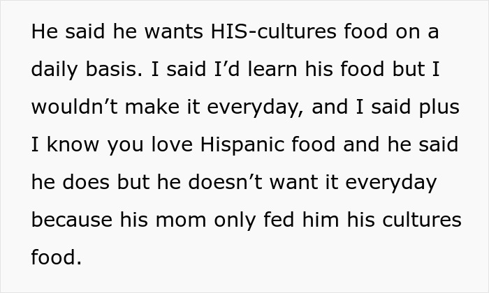 Text excerpt about marriage and man preferring his cultural food over Hispanic cooking. Text excerpt about marriage and man preferring his cultural food over Hispanic cooking.