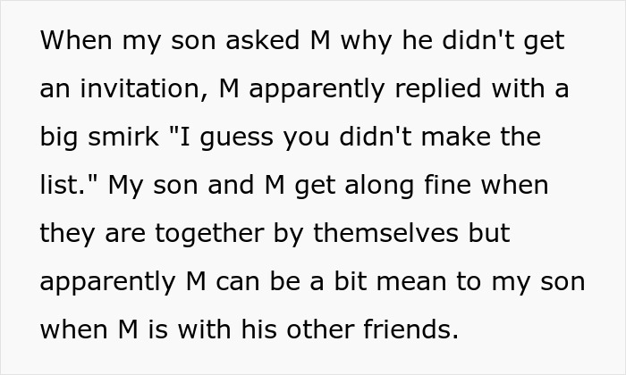 Text describing an instance where an 8-year-old wasn't invited to a party, causing feelings of exclusion. Text describing an instance where an 8-year-old wasn't invited to a party, causing feelings of exclusion.