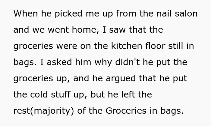 Text about a woman discovering weaponized incompetence from husband not putting away groceries. Text about a woman discovering weaponized incompetence from husband not putting away groceries.