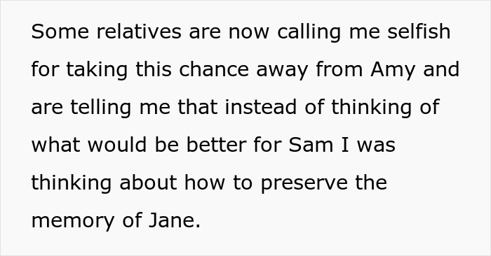 Text screenshot discussing family conflict over adopting deceased sibling's baby. Text screenshot discussing family conflict over adopting deceased sibling's baby.