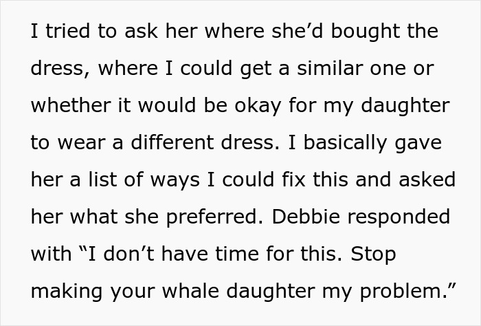 Text excerpt discussing a conflict about a dress for a friend's wedding, revealing reasons for skipping the event. Text excerpt discussing a conflict about a dress for a friend's wedding, revealing reasons for skipping the event.