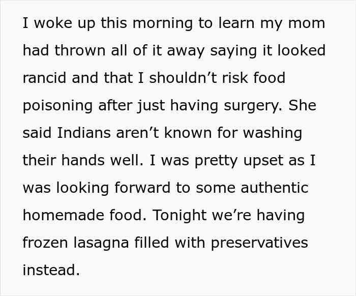 Text describing disappointment after homemade Indian food is discarded post-surgery. Text describing disappointment after homemade Indian food is discarded post-surgery.