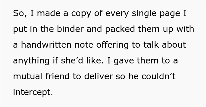 Text detailing a woman's plan to warn her ex's wife about his criminal record, using handwritten notes. Text detailing a woman's plan to warn her ex's wife about his criminal record, using handwritten notes.