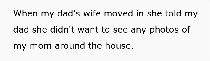 Text message about removing photos of late wife after husband's remarriage. Text message about removing photos of late wife after husband's remarriage.