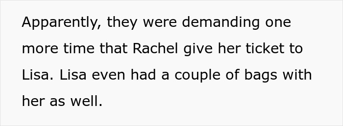 Text demanding Rachel give ticket to sneak influencer daughter on Egypt trip. Text demanding Rachel give ticket to sneak influencer daughter on Egypt trip.