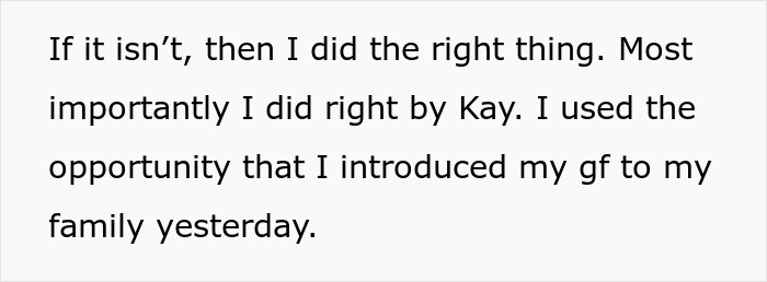 Text about doing right by Kay and introducing a girlfriend to family. Text about doing right by Kay and introducing a girlfriend to family.