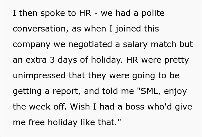 Text image about a European employee's HR discussion regarding PTO and a salary agreement with extra holidays. Text image about a European employee's HR discussion regarding PTO and a salary agreement with extra holidays.