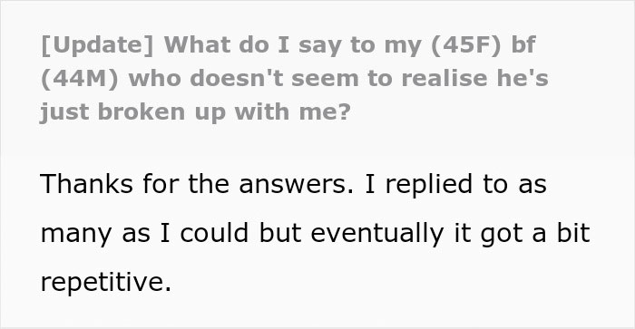 Text exchange about a guy breaking up with his girlfriend, not realizing it yet, mentions wanting kids. Text exchange about a guy breaking up with his girlfriend, not realizing it yet, mentions wanting kids.