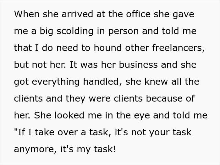 Text describing egoistic boss's reaction to freelancer's compliance. Text describing egoistic boss's reaction to freelancer's compliance.