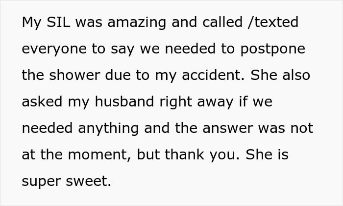 Text message praising SIL's support after pregnant woman's fall; she postponed shower and checked on their needs. Text message praising SIL's support after pregnant woman's fall; she postponed shower and checked on their needs.