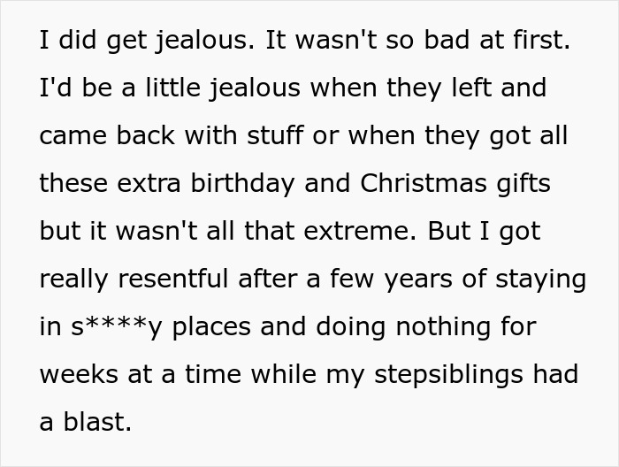 Text discussing jealousy and experiences related to stepsiblings. Text discussing jealousy and experiences related to stepsiblings.