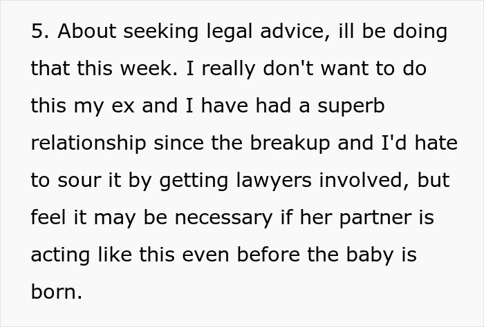 Text about seeking legal advice regarding naming rights for an ex-partner's baby, amidst a superb relationship post-breakup. Text about seeking legal advice regarding naming rights for an ex-partner's baby, amidst a superb relationship post-breakup.