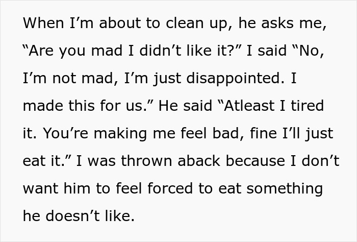 Text about boyfriend confrontation over cooking; feelings of disappointment, communication, and misunderstanding. Text about boyfriend confrontation over cooking; feelings of disappointment, communication, and misunderstanding.